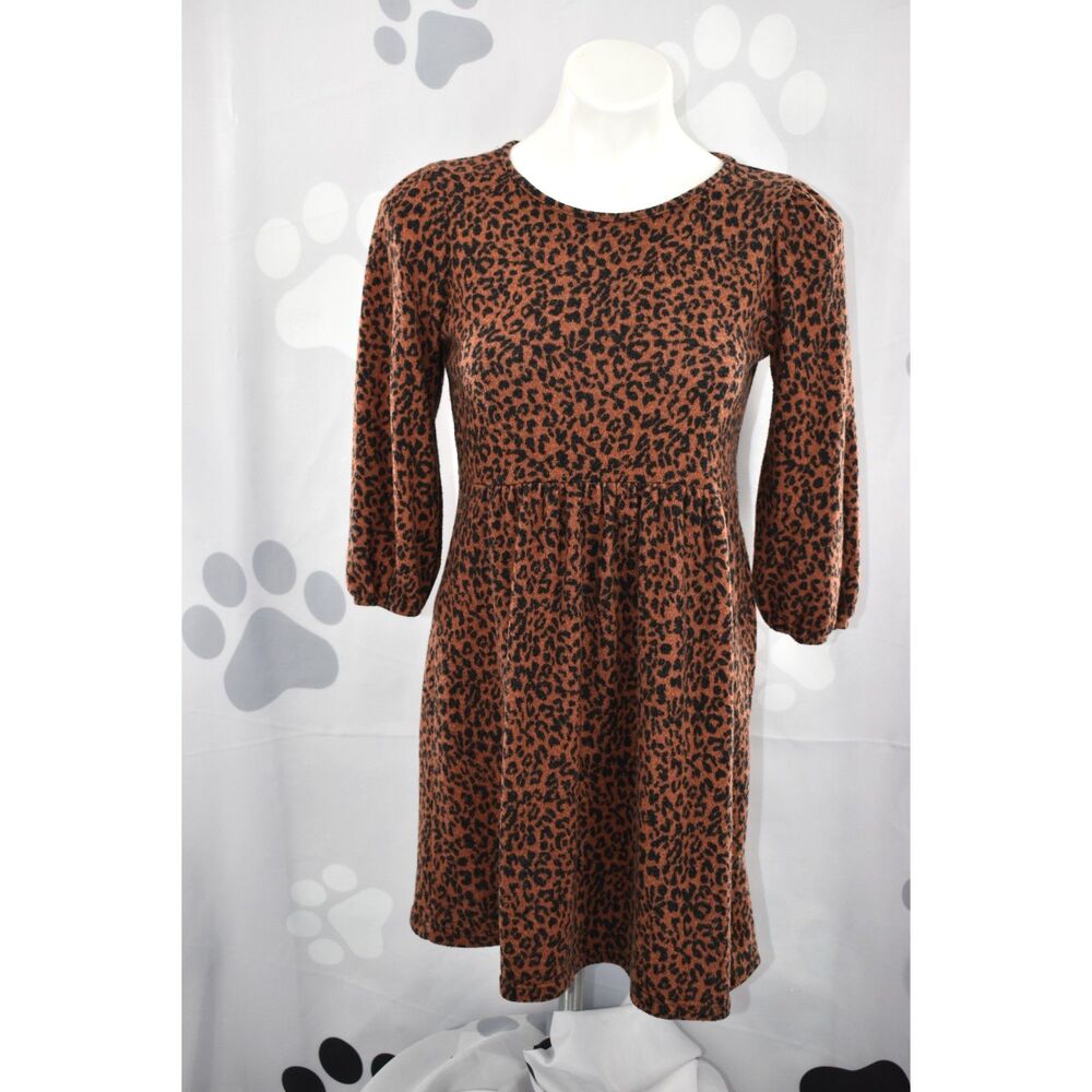Altar'd State 3/4 Sleeve Leopard Animal Print Mini Dress Brown Size Medium